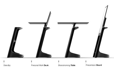 Computer That Is A Table It has a surface that is akin to a touchscreen and the working of a computer, essentially the Flexus Transformable Table gives us a peek at what to expect from workstations of tomorrow. The ergonomic design transforms it from a stand-by station to a full fledge presentation board. The various stages of its adaptability give us a chance to use just one object in a host of scenarios. Transformable Table, Business Office Ideas, Smart Desk, Office Table Design, Standing Table, Drafting Table, Desk Inspiration, School Desk, Kiosk Design