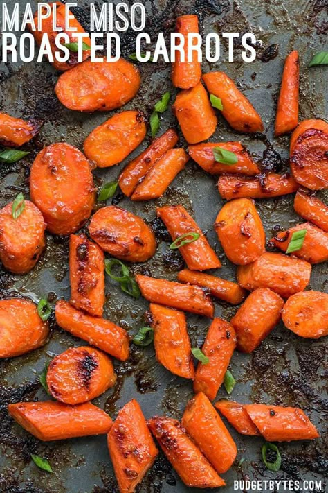 These Maple Miso Roasted Carrots are sweet, savory, and rich, and make a great side dish to any Asian inspired meal. BudgetBytes.com Maple Miso Carrots, Budget Bytes Recipes, Sweet Glaze, Budget Bytes, Recipes Cheap, Easy Holiday Recipes, Budget Recipes, Fry Recipes, Asian Inspired Recipes