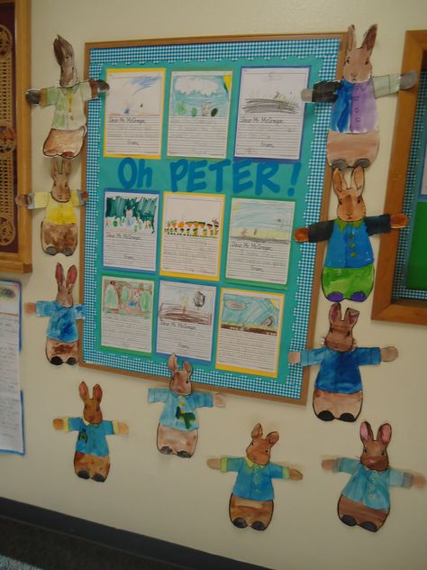 Peter Rabbit theme... Peter Rabbit Bulletin Board, Rabbit Classroom Theme, Peter Rabbit Theme, Bulletin Boards Theme, Rabbit Theme, Role Play Areas, Peter Rabbit And Friends, Class Displays, Book Study