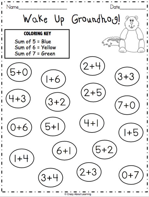 Free Groundhog Day math worksheet. Solve the addition problems, then color using the color key.  This printable worksheet provides excellent practice for Kindergarten. Groundhog Day Math, Kindergarten Groundhog Day, February Themes, Kindergarten Numbers, Kindergarten February, Groundhog Day Activities, Ground Hog, Math Writing, Winter Classroom