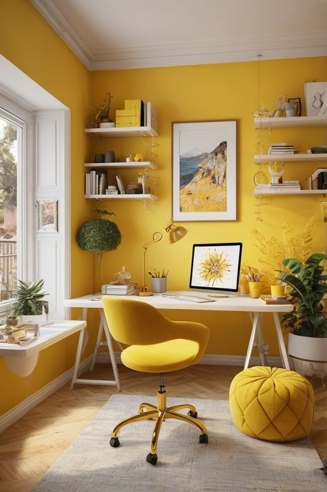 Yellow Craft Room, Office Space Aesthetic, Mustard Office, Yellow Home Office, Yellow Study, Yellow Office, Yellow Crafts, Contemporary Home Office, Yellow Room