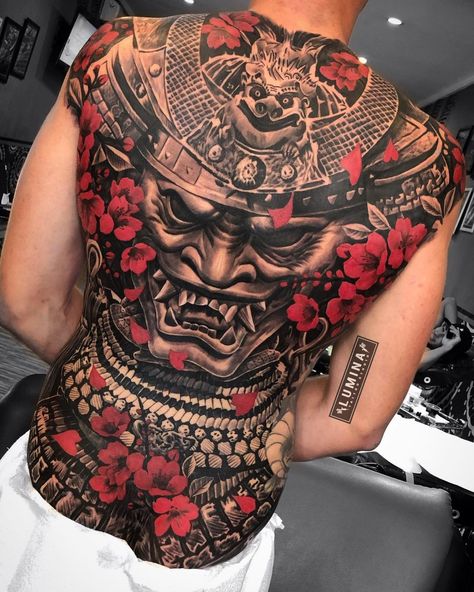 Samurai Back Tattoo, Back Piece Tattoo Men, Japanese Back Tattoo, Japanese Tattoos For Men, Oni Tattoo, Backpiece Tattoo, Samurai Tattoo Design, Torso Tattoos, Yakuza Tattoo