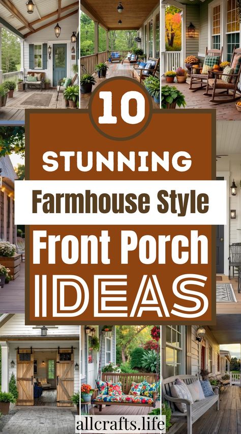 Stunning Farmhouse Style Front Porch Ideas Farmhouse Porch Lights Front Door, Decorating Ideas For Porches, Farmhouse Porch Floor Colors, Backdoor Porch Ideas, Two Tone Front Porch, Rustic Porch Furniture Ideas, Cozy Small Porch Ideas, Modern Farmhouse Front Porch Decor Ideas, Covered Porches And Decks