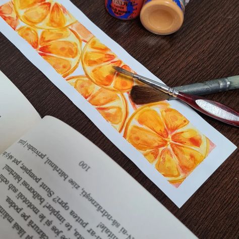 Oranges 
Watercolor 
Bookmark Artistic Bookmarks, Orange Bookmark, Fruit Bookmark, Painting Steps, Watercolor Practice, Watercolor Fruit, Watercolor Bookmarks, String Art Diy, Diy Bookmarks