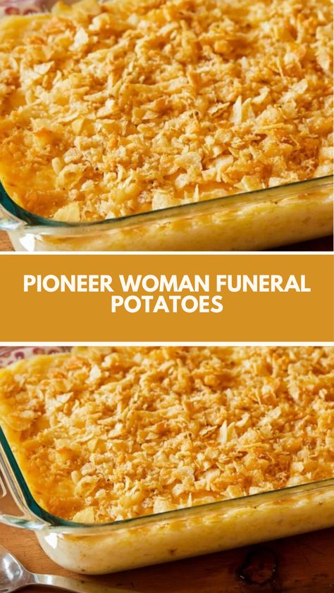 This easy and creamy Funeral Potatoes recipe by Ree Drummond is the ultimate comfort food! Packed with cheesy, crispy goodness, it’s perfect for family dinners, potlucks, or holidays. With simple ingredients like hash browns, cheese, and sour cream, this dish is quick to prepare and guaranteed to be a crowd-pleaser! Pioneer Woman Recipes Potatoes, Mashed Potato Casserole Pioneer Woman, Mormon Potatoes Recipes, Dinner Sides For Large Group, Recipes To Use Up Potatoes, Easy Side Dishes For A Crowd Simple, Ree Drummond Recipes Holiday, Pioneer Woman Potato Casserole, Potato Side Dish Christmas