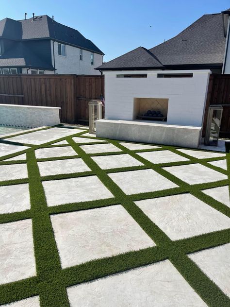 Diamond Turf Backyard, Grass And Concrete Squares, Concrete Grass Backyard, Cement Patio Ideas Front Yard, Concrete Slabs With Turf, Backyard Turf And Concrete, Concrete And Grass Patio, Grass And Cement Backyard, Concrete And Fake Grass Backyard