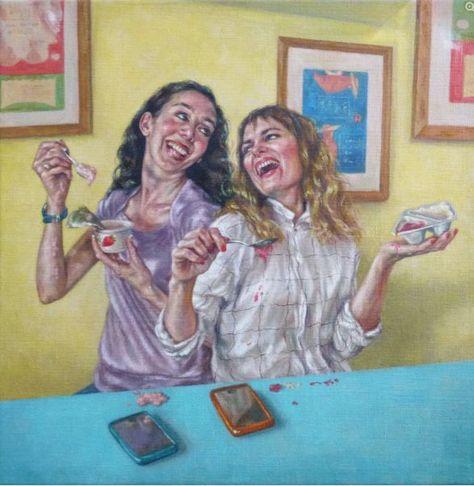 Artist: Roxana Halls Title: Laughing While Eating Yoghurt Date: 2017 Size: 50 x 50 cm Medium: Oil on Linen Roxana Halls’ work touches on gender and class norms, depicting women in less than perfect poses we are not normally accustomed to seeing. Although women in modern American society are told they can achieve anything and be anything, self-censure and pressure to be appropriate continue to limit women. Laughing Face, Women Laughing, Laughing Emoji, Funny Paintings, Laughing Jack, Friends Laughing, A Level Art, Ap Art, People Laughing