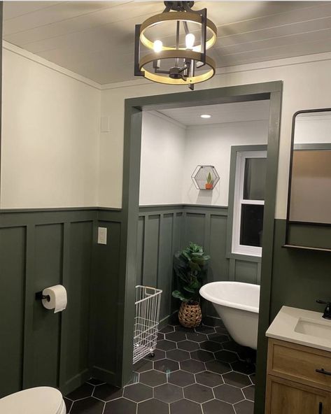 Wainscoting Bathroom Black Floor, Dark Bathroom Wainscotting, Dark Green Board And Batten Bathroom, Wainscotting Paint Ideas, Bathroom Green Board And Batten, Half Wood Panel Walls Bathroom, Dark Green Wainscoting Bathroom, Gray Beadboard Bathroom, Green Waynes Coating