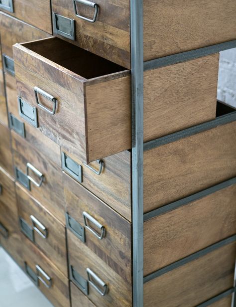 For some seriously stylish urban loft living look no further than our new range of industrial furniture. These laboratory apothecary drawers set the backdrop for modern interiors styling and add a touch of industrial style to your home.  This absolutely stunning apothecary chest has 18 drawers each with a label holder for you to add your own labels (though it looks great without them) it's narrow enough to fit in a hallway but makes a big statement in the lounge, kitchen or study. Made from mang Industrial Buffet, Apothecary Drawers, Apothecary Chest, Basement Doors, Media Units, Lounge Kitchen, Mustard Made, Industrial Cabinet, Industrial Style Furniture