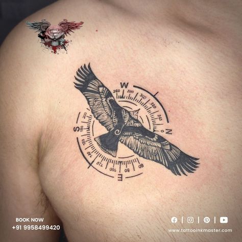 Simply fly like an eagle in whatever direction you want by having this symbolic tattoo designed on your body. It's a travelers tattoo in the shape of all directions and an eagle. Call +91-9958499420 #BestTattooArtistInNoidaSector15 #besttattooshopinNoidA #besttattooshopnearme #tattooartistnearmeinsector15noida #tattooshopnearmeinnoidaghaziabad #tattooshopnearsector55noida Eagle Bird Tattoo, Eagle Flying Tattoo, Flying Eagle Tattoo, Travelers Tattoo, Geometric Tattoo Eagle, Eagle Tattoo Design, Bald Eagle Tattoos, Fly Like An Eagle, Tattoo Maker