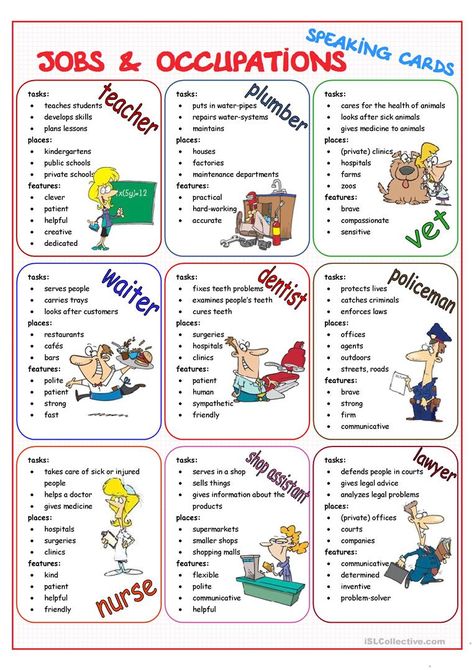 Jobs & Occupations Speaking Cards - English ESL Worksheets for distance learning and physical classrooms Speaking Cards, Counseling Games, Preposition Worksheets, Job Skills, Esl Vocabulary, Conversation Topics, Speaking Activities, Phrasal Verbs, English Classroom