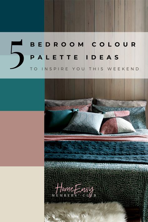 If you're looking for bedroom colour schemes, we have 5 colour palettes for you! Wether is warm + cosy, calm + relaxing, we've got some modern inspiration. From neutral, grey, green, blue, pink + purple. Get inspired today #bedroomcolourscheme #homecolourschemes #interiordesign Bedroom Colour Schemes Warm, Bedroom Colour Schemes, Colour Palette Ideas, Relaxing Bedroom Colors, Bedroom Colour Ideas, Bedroom Color Palette, Vogue Decor, Bold Bedroom, Bedroom Colour