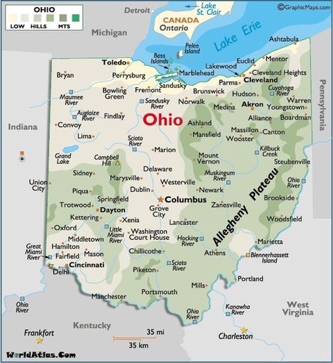 Map of Ohio - road through the state on our way to Jamestown, New York and they have the best antique shops called Riverview Antique Malls!!!!! Map Of Ohio, Massillon Ohio, Newark Ohio, Ohio Buckeyes, Cleveland Heights, State Of Ohio, Ohio Map, Ohio Travel, Physical Map