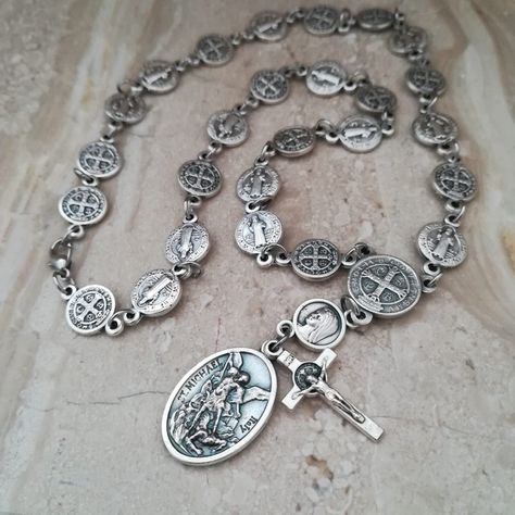 Rosary Necklace - St Benedict / St Michael Medals Catholic Necklace For Men Women Protection Saint Necklace Him Her Christian Jewelry Gift by MedjugorjeStoneGifts on Etsy Mens Rosary Necklace, Women Protection, St Michael Medal, Saint Necklace, Italy Necklace, Michael Archangel, Catholic Necklace, Custom Gift Cards, Saint Jewelry