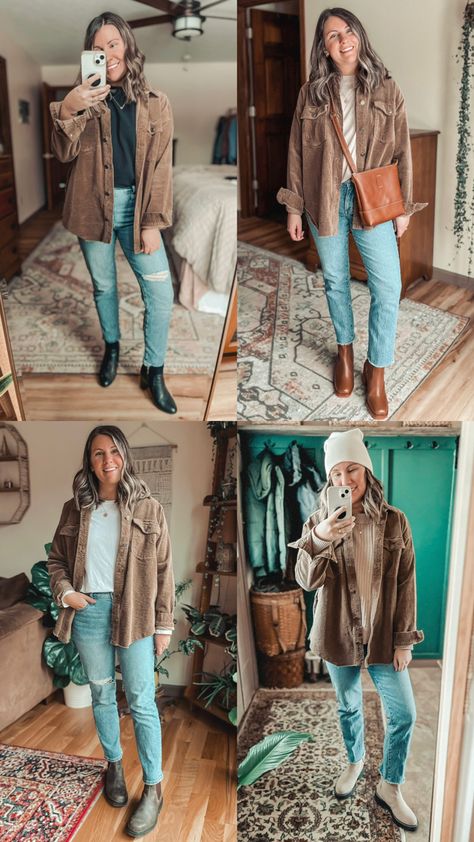 Brown Shacket Outfit Women Fall, Womens Corduroy Shirt Outfit, Rust Corduroy Jacket Outfit, Outfits With Courderoy Jacket, Taupe Corduroy Jacket Outfit, Styling Brown Corduroy Jacket, What To Wear With Corduroy Jacket, Corduroy Shirt Jacket Outfit, Brown Corduroy Button Up Outfit