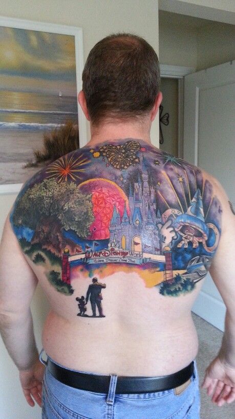 WDW parks!!! Disney Ride Tattoo, Disney World Tattoo, Disney Tattoos For Men, Mural Tattoo, Middle Of Back Tattoo, Disney Castle Tattoo, Cool Back Tattoos, Disney Sleeve, Castle Tattoo