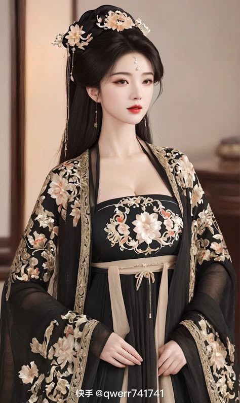 Black Hanfu Women, Chinese Anime Woman, Chinese Woman Traditional, Chinese Girl Outfit, Chinese Outfits Traditional, Black Hanfu, Ancient China Clothing, Chinese Robes, Empress Dress