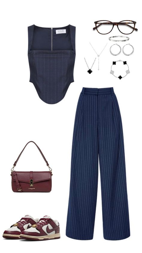 Blue Wide Leg Pants Outfit, Pinstripe Trousers Outfit, Sleeveless Top Outfit, White Nike Sneakers, Tortoiseshell Glasses, Burgundy Outfit, Stylish Work Attire, Elegant Dresses Classy, Everyday Fashion Outfits