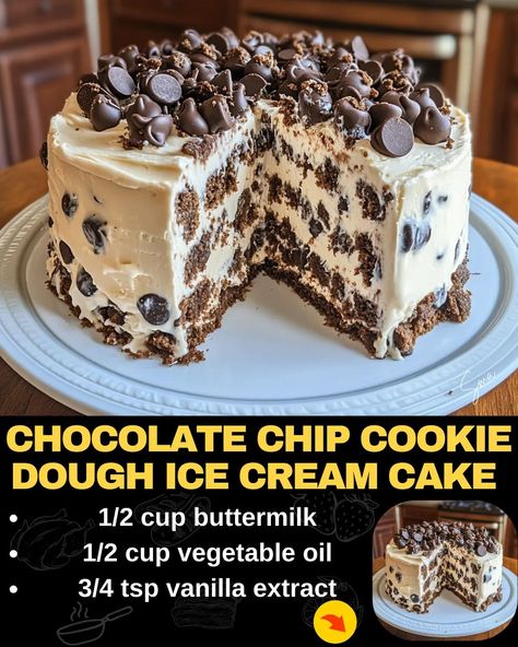 Chocolate Chip Cookie Dough Ice Cream Cake Cookie Dough Ice Cream Cake, Ice Cream Cookie Cake, Chocolate Chip Cookie Dough Cake, Christmas No Bake Treats, Chocolate Chip Cookie Dough Ice Cream, Easy Ice Cream Cake, Cookie Dough Cake, Baking Treats, Homemade Chocolate Chip Cookies