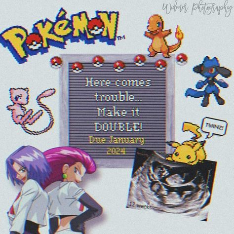 Gender Reveal Ideas Pokemon, Pokemon Gender Reveal Ideas, Pokemon Baby Announcement, Anime Pregnancy Announcement, Pokemon Gender Reveal, Pregnacy Reveal, Pokemon Pregnancy Announcement, Gaming Baby Announcement, Video Game Baby Announcement