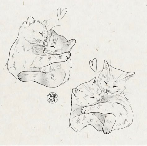 Woman And Cat Drawing, Cats Inlove Drawing, 2 Cats Together Tattoo, Cat Tattoo Designs Sketches, Two Cats Together Drawing, Cats Cuddling Tattoo, Cats Cuddling Drawing Reference, Animals In Love Drawing, Animal Couple Drawing