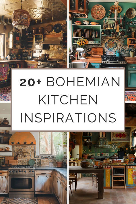 A collage showcasing various Bohemian kitchen designs, featuring rich colors, varied textures, and eclectic decor to inspire a lively kitchen makeover. Hobo Kitchen Decor, Romani Kitchen, Artistic Kitchen Ideas, Boho Kitchen Remodel Ideas, Maximalist Galley Kitchen, Small Bohemian Kitchen, Kitchen Decorating Ideas Boho, Eclectic White Kitchen, Boho Countertop