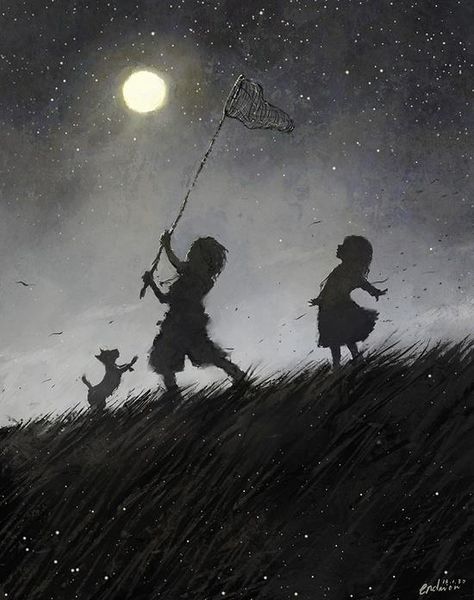 Catching Fireflies Catching Fireflies, The Night Sky, Summer Dream, Moon Art, Childrens Illustrations, The Grass, Pics Art, Children's Book Illustration, Firefly