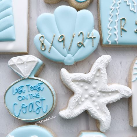 GF custom sugar cookies for THE most popular Bachelorette Party theme this season - Last Toast on the Coast! 💙🩵👰🏼‍♀️💍🌊☀️ . . . . #coastalcookies #sugarcookies #decoratedcookies #emeraldcoast #sowal #southwalton #destin #sandestin #30a #seaside #niceville #fortwaltonbeach #cookie #cookiedecorating #makeitwithmichaels #homemadewithjoann #wiltoncakes #talentedcookiers #buzzfeedfood #insiderdessert #foodnetwork #popsugar #nwfdailynews #destinlog #bachelorette #bacheloretteparty #bachelorettecooki... Seaside Bachelorette Party, Last Toast On The Coast Cookies, Toast On The Coast, Toast To The Coast Bachelorette, Toast On The Coast Bachelorette, Last Toast On The Coast Bachelorette, Last Toast On The Coast, Last Toast On The Coast Bachelorette Invite, Bachelorette Cookies