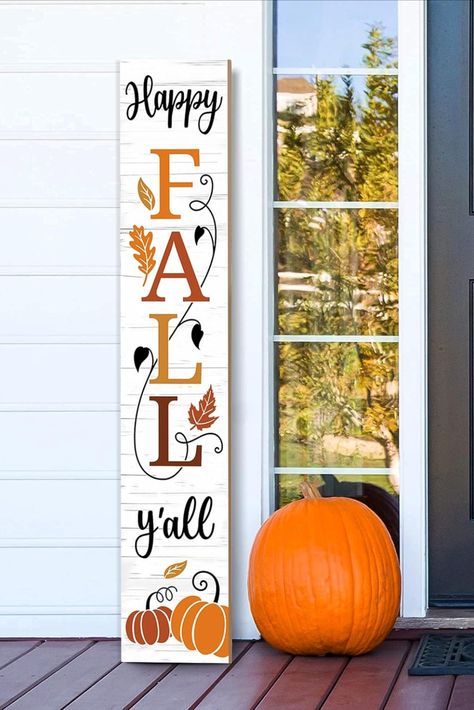 #HappyFallY'all #CozyVibes #PorchSign #AutumnDecor Fall Patio Decor, Welcome Porch Sign, Home Front Door, Fall Front Porch Decor Ideas, Yard Party, Wooden Porch, Front Porch Signs, Porch Welcome Sign, Fall Front Porch Decor