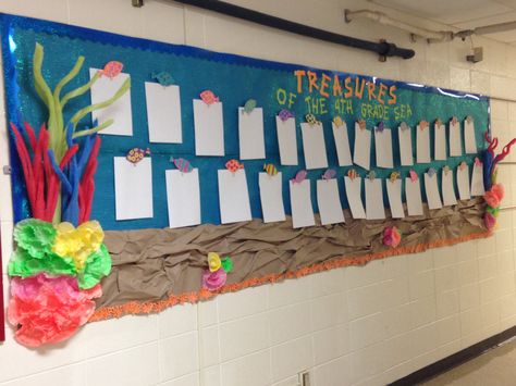 Ocean/reef themed work bulletin board with fish, pool noodle coral and coffee filter coral Classroom Ocean Theme, Diy Coral Reef, Pool Noodle Coral, Work Bulletin Board, Ocean Bulletin Board, Diy Coral, Cute Sea Creatures, Beach Theme Classroom, Nautical Classroom