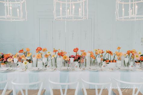 Cocktail Table Centrepiece, California Poppy Wedding Decor, Swanky Wedding Decor, Poppy Table Decorations, Minimal Colorful Wedding Decor, Individual Flowers In Vases Wedding, Poppy Wedding Decor, Poppy Wedding Flowers, Colorful Minimalist Wedding