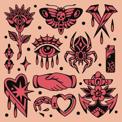 Old school tattoo flash design vector Random Flash Tattoo, Minimal Traditional Tattoo, Free Flash Tattoo, Tattoo Stickers Design, Vintage Tattoo Ideas Old School, Flash Sheet Border, American Trad Tattoo Flash, Simple American Traditional Tattoo Flash, Tattoo Flash Painting