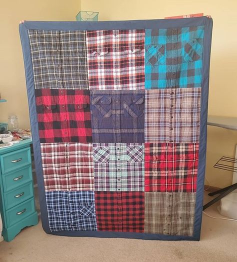 Quilts Out Of Old Shirts, Patchwork Memory Pillows, Using Loved Ones Clothing, Shirt Blanket Diy Memory Quilts, Clothing Keepsake Blanket, Flannel Shirt Memory Quilt, Pillows Out Of Mens Shirts, Flannel Shirt Pillow Memory Quilts, Patchwork Memory Pillow