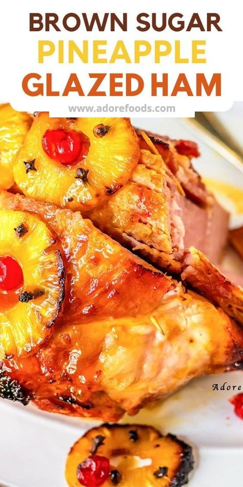 This old-fashioned Southern Baked Ham with Pineapple is baked and drizzled with a honey and brown sugar glaze and topped with cherries. Serve this holiday ham for Thanksgiving, Christmas, Easter #pineapplehoneyglazedham #bestglazedham #brownsugarpineappleglazedham #Christmasham Pineapple Honey Glazed Ham, Thanksgiving Ham Recipes, Pineapple Glazed Ham, Easy Ham Recipes, Honey Ham Glaze Recipe, Baked Ham With Pineapple, Brown Sugar Pineapple, Precooked Ham, Thanksgiving Ham