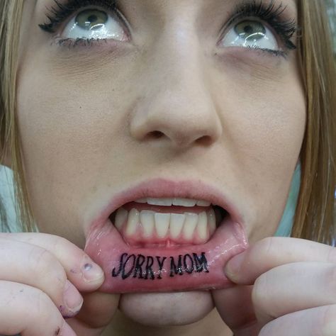 Photo by (iadoresanne) on Instagram | #innerliptattoo #sorrymom #mom #tattoos #tattoo #sorry #tattooart #snakepit Inside Lip Tattoos, Tattoos Hidden, Inner Lip Tattoo, Infected Tattoo, Mouth Tattoo, Sorry Mom, Hidden Tattoos, Piercings Unique, Lip Tattoos