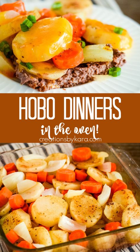 This one-pan HOBO DINNER in the oven is the perfect solution for busy weeknights. With just a few ingredients and one dish to clean, you can have a complete meal! #hobodinner @Creations by Kara Hobos In The Oven, Sheet Pan Hobo Dinner, Hobo Dinner, Hobo Dinners In The Oven, Hobo Dinner Casserole, Hobo Hot Dish Recipes, Oven Hobo Dinner, Hobo Meals In Oven Foil Dinners Chicken, Hobo Meals