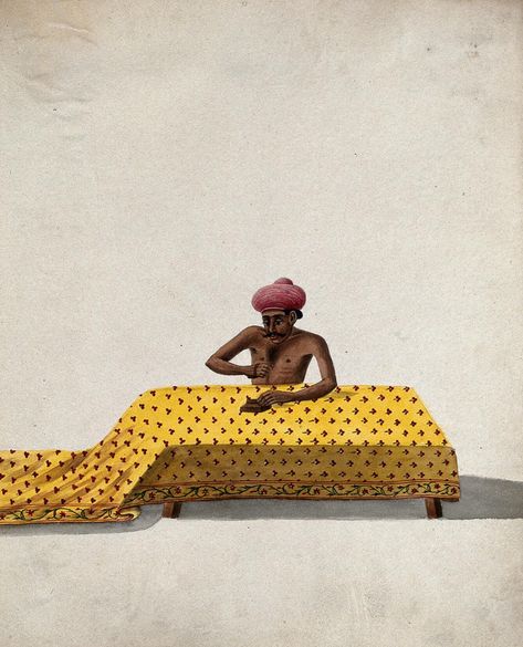 A man engaged in block printing a piece of cloth. Gouache painting by an Indian artist. | Wellcome Collection Paintings By Indian Artists, Block Printing Aesthetic, Indian Luxury Aesthetic, Block Print Aesthetic, Jaipur Aesthetic, West East, Indian Illustration, Cartoon Style Drawing, South Asian Art