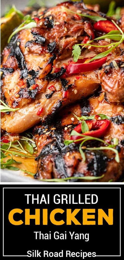 Gai Yang Chicken is a Thai grilled chicken recipe featuring a spicy lemongrass marinade. Use boneless chicken thighs to make a flavorful 20-minute Asian meal! #GaiYangChicken #ThaiGrilledChicken #AsianFood #GrillingRecipes Gai Yang Chicken, Lemongrass Marinade, Gai Yang, Thai Bbq, Thai Grilled Chicken, Dinner Meat, Asian Bbq, Spicy Grilled Chicken, Grilled Chicken Recipe