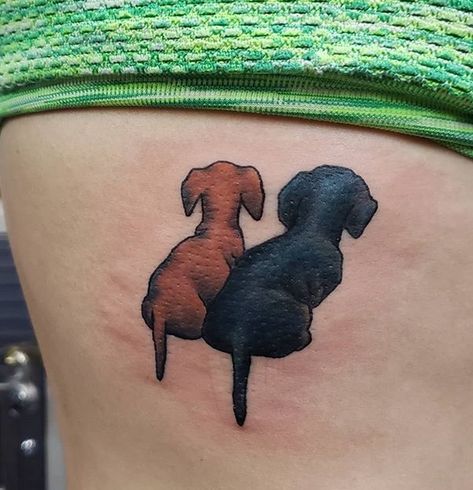 The 16 Coolest Dachshund Tattoo Design Ideas | PetPress Doxie Tattoo, Daschund Tattoo, Pet Memorial Tattoo, Small Dog Tattoos, Name Tattoos For Moms, Biker Dog, Dachshund Tattoo, Dog Memorial Tattoos, Silhouette Tattoos