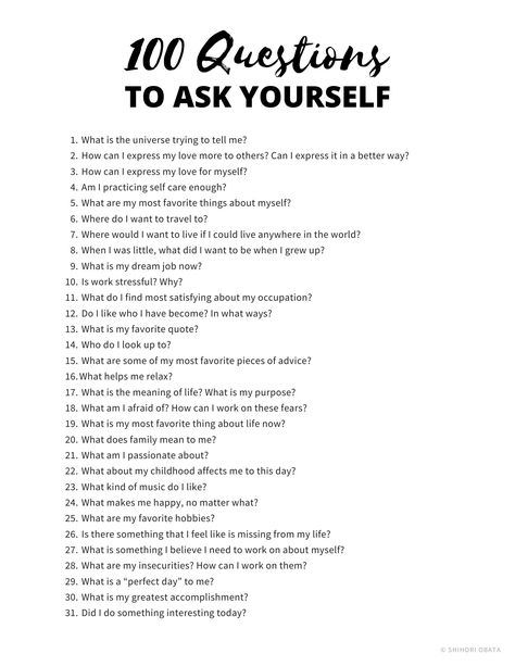 100 Questions to Ask Yourself for Self Growth (Free Printable) Phylosofical Questions, Spiritual Questions To Ask Yourself, Self Knowledge Questions, Spiritual Questions To Ask People, Self Love Questions To Ask Yourself, Daily Questions To Ask Yourself, 100 Questions To Get To Know Someone, Questions To Get To Know Yourself, Deep Thinking Questions