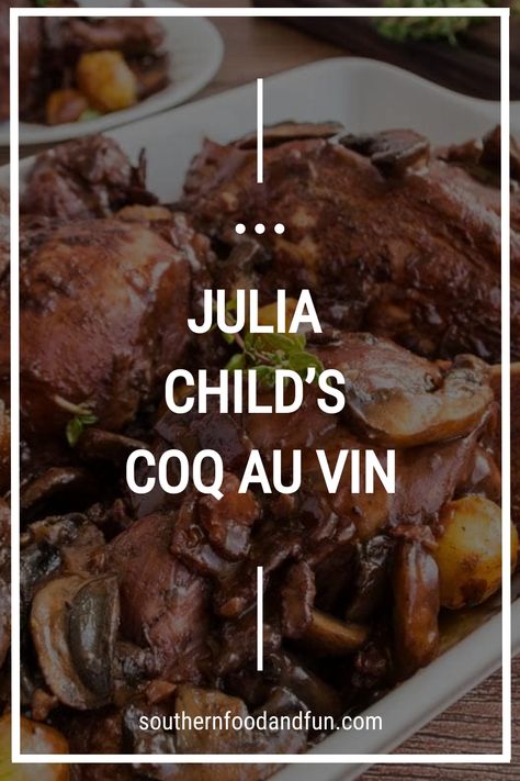 Explore the world of Julia Child with this Coq au Vin recipe. A traditional French dish that demands patience and precision, the end result is a delectable flavor sensation. Our version captures the essence of Julia Child's original creation: tender chicken braised in red wine to produce a sumptuous sauce. The addition of bacon, mushrooms, and pearl onions imparts complexity to this iconic meal. Follow our step-by-step instructions to effortlessly master this classic French delight in your own k Coq Au Vin Recipe, Classic Southern Recipes, Freezer Friendly Meals, Classic French Dishes, Southern Desserts, Simple Green Salad, Comfort Food Southern, French Dishes, Julia Child