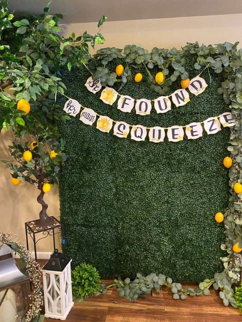 Lemon Theme Photo Backdrop, Lemon Photo Backdrop, Ffa Ideas, 55 Birthday, Citrus Party, She Found Her Main Squeeze, Found Her Main Squeeze, Lemon Birthday, Lemon Themed Bridal Shower