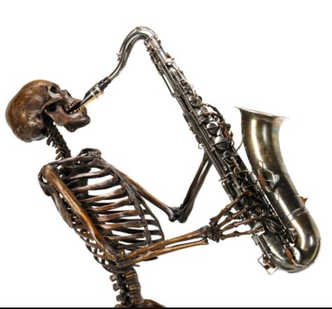 These skeletons playing instruments are ideas for hand tattoos. 2 needed. ✌ Saxophone Tattoo, Skeleton Pics, Saxophone Players, Tenor Sax, Tenor Saxophone, Human Skull, The Blues, Video Photography, Art Sculpture