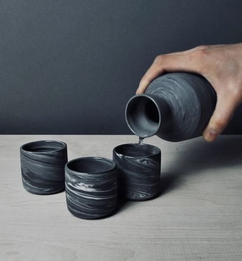 Black Clay Ceramics, Marbled Clay Pottery, Ceramic Sake Set, Black Ceramic Texture, Coffee Cup Design Ideas, Black Pottery, Candle Projects, Pottery Store, Marbled Clay