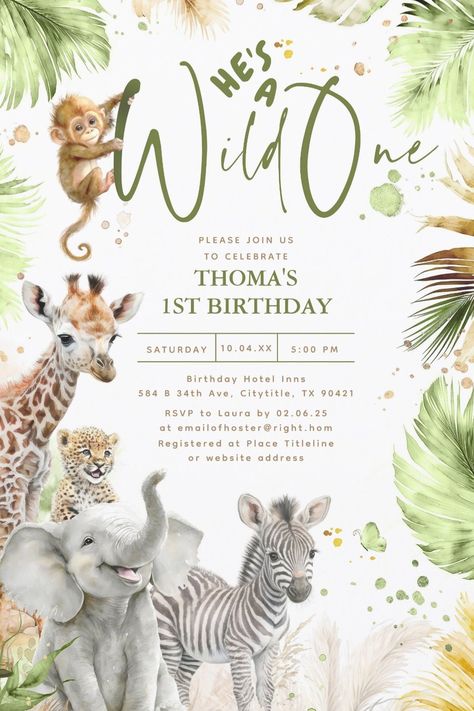 He's a Wild One Jungle Safari Animals Birthday Party Invitations for Boys Birthday Party Zoo Theme, Wild One Aesthetic, Zoo Party Invitations, Wild One Invitation Template Free, Party Animal Birthday Theme Invitations, Zoo Animal First Birthday Party, Safari Theme Birthday Invitations, Jungle Theme Birthday Invite, Jungle Theme Birthday Party Invitations