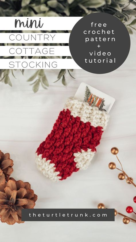 Photo shows a mini crochet stocking laying on a white surface. Crochet pattern is the Mini Country Cottage Stocking by The Turtle Trunk. Mini Crochet Stocking, Dorm Christmas Decor, Crochet Stocking Pattern Free, Christmas Dorm Decorations, Stocking Crochet Pattern, Chunky Crochet Throw, Stocking Pattern Free, Stocking Crochet, Crochet Mittens Pattern