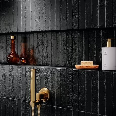 Zellige Tiles | TileBar.com Black Tile Bathrooms, Black Subway Tiles, Cleaning Ceramic Tiles, Cleaning Tile Floors, Matte Ceramic, Black Tiles, Black Shower, Black Bathroom, Shower Wall