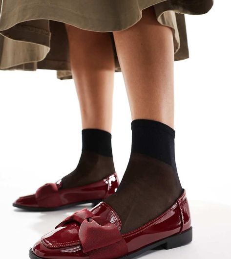 Shoes by ASOS DESIGN Your new fave pair Slip-on style Bow detail Almond toe Flat sole Burgundy Loafers, City Break Outfit, Nike Air Max Jordan, Sacs Tote Bags, Destination Dress, Burgundy Shoes, Baskets Adidas, Trainer Heels, Winter Party Dress