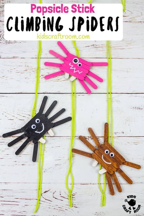 Climbing Popsicle Stick Spider craft! These homemade spiders are adorably cute and double up as a toy that kids can actually play with too. Pull the string to see them climb up their threads.  #kidscraftroom #spiders #spider #spidercrafts #kidscrafts #popsiclestickcrafts #craftsticks #popsiclesticks #halloween #halloweencrafts Stick Animals, Stick Spider, Spider Craft, Fun Halloween Games, Insect Crafts, Kids Craft Room, Spider Crafts, Crafts For Teens To Make, Fun Halloween Crafts