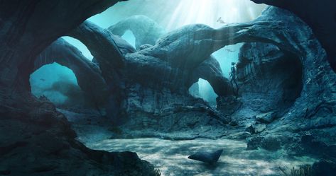 Underwater - matte painting on Behance Underwater Concept Art, Cave Concept Art, Underwater Caves, Airbrush T Shirts, Underwater Art, Art Graphic Design, Fantasy City, Matte Painting, Futurism